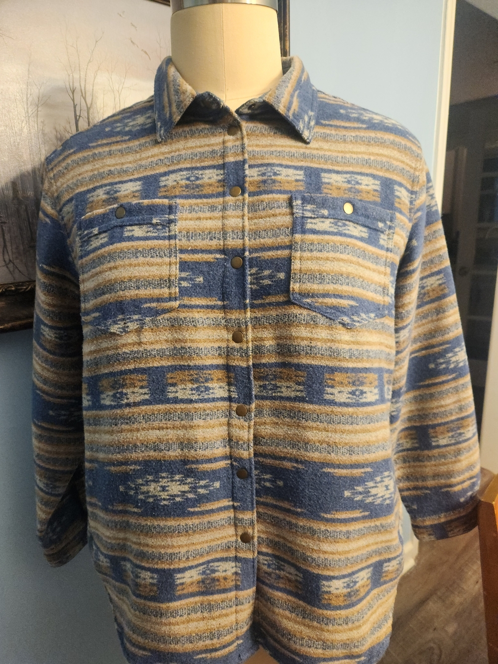 Bit & Bridle Blue and Tan Patterned Button-Front Shirt Jacket